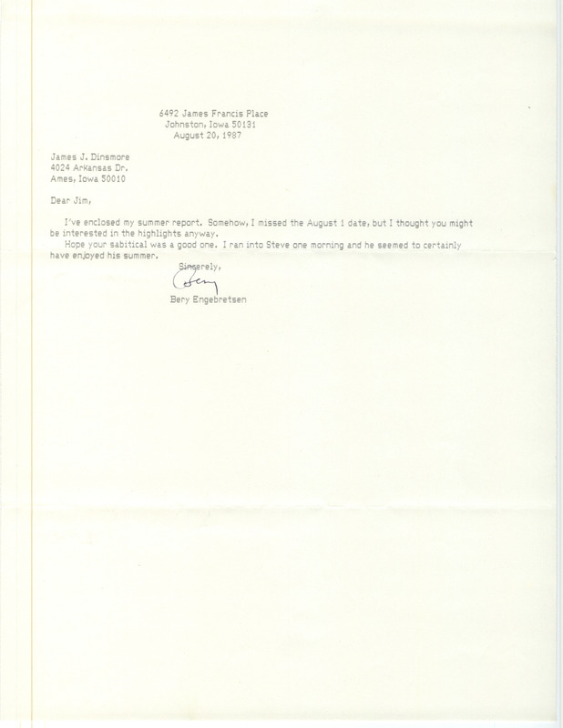 Letter from Bery Engebretsen to James J. Dinsmore regarding summer bird sightings, August 20, 1987. This item was submitted past the deadline for the Iowa Ornithologists' Union Quarterly field report of summer 1987.