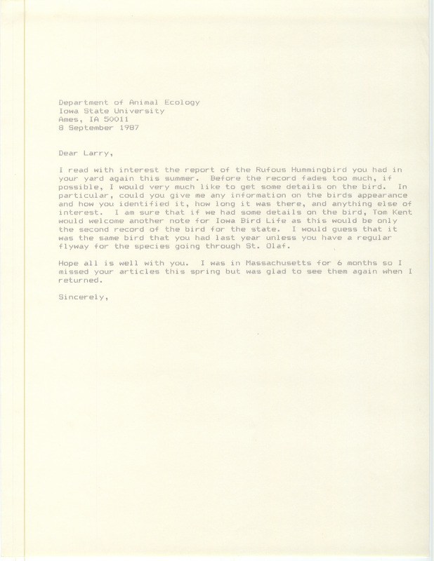 Letter from James J. Dinsmore to Larry Stone regarding a Rufous Hummingbird sighting, September 8, 1987. This item was used as supporting documentation for the Iowa Ornithologists' Union Quarterly field report of summer 1987.