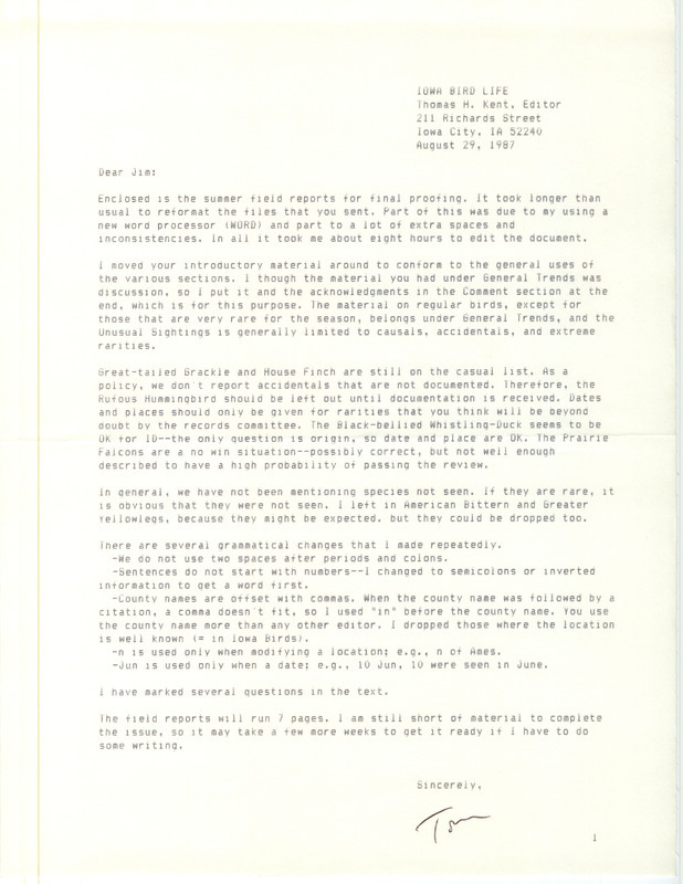 Letter from Thomas H. Kent to James J. Dinsmore regarding the design and editing of the summer field report for Iowa Bird Life, August 29, 1987. This item was used as supporting documentation for the Iowa Ornithologists' Union Quarterly field report of summer 1987.