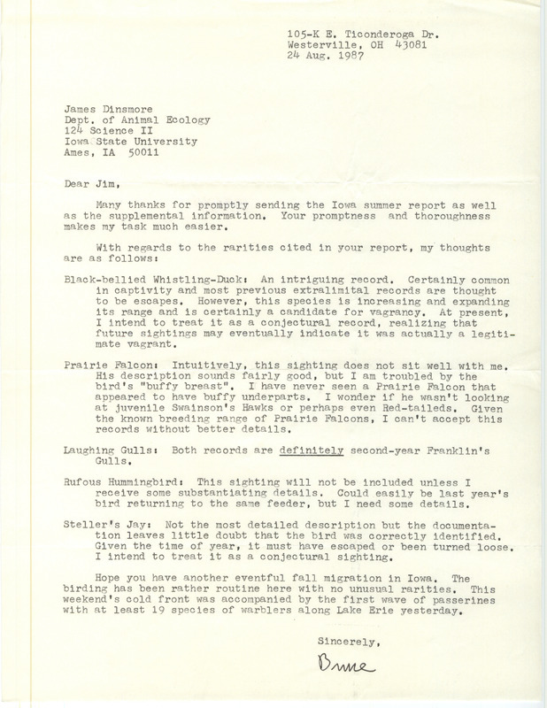 Letter from Bruce G. Peterjohn to James J. Dinsmore regarding the Iowa summer bird report and rare bird sightings, August 24, 1987. This item was used as supporting documentation for the Iowa Ornithologists' Union Quarterly field report of summer 1987.