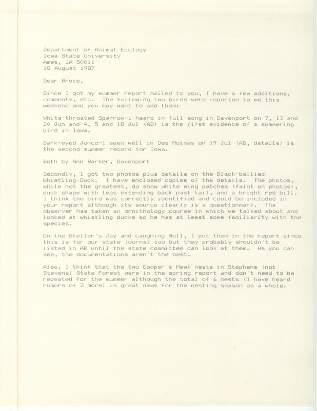 Letter from James J. Dinsmore letter to Bruce G. Peterjohn regarding additional summer bird sightings, August 18, 1987. This item was used as supporting documentation for the Iowa Ornithologists' Union Quarterly field report of summer 1987.