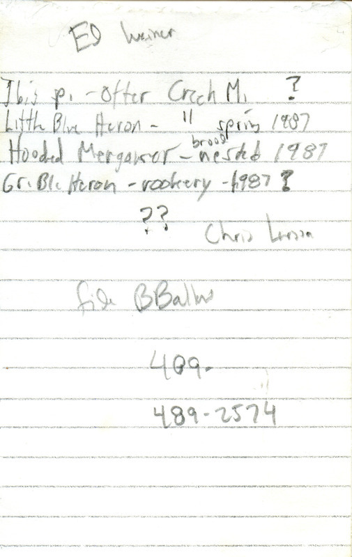 Summer report of birds found at Otter Creek Marsh State Wildlife Refuge contributed by Ed Weiner. This item was used as supporting documentation for the Iowa Ornithologists' Union Quarterly field report of summer 1987.