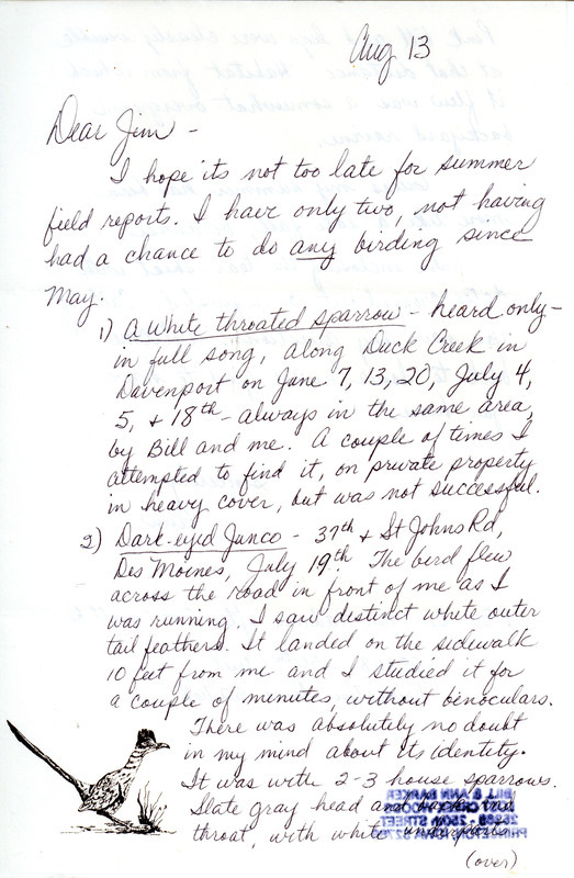 Letter from Ann M. Barker to James J. Dinsmore regarding summer bird sightings, August 13, 1987. This item was submitted past the deadline for the Iowa Ornithologists' Union Quarterly field report of summer 1987.