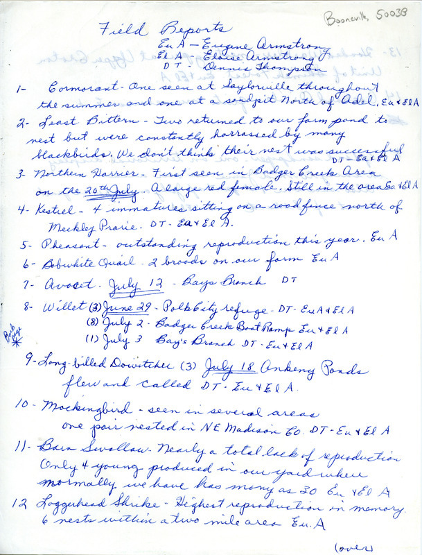 Summer report of birds and locations contributed by Eugene Armstrong, Eloise Armstrong, and Dennis Thompson. This item was used as supporting documentation for the Iowa Ornithologists' Union Quarterly field report of summer 1987.