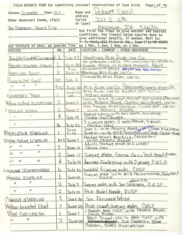 Summer report of birds and locations contributed by Robert I. Cecil. This item was used as supporting documentation for the Iowa Ornithologists' Union Quarterly field report of summer 1987.