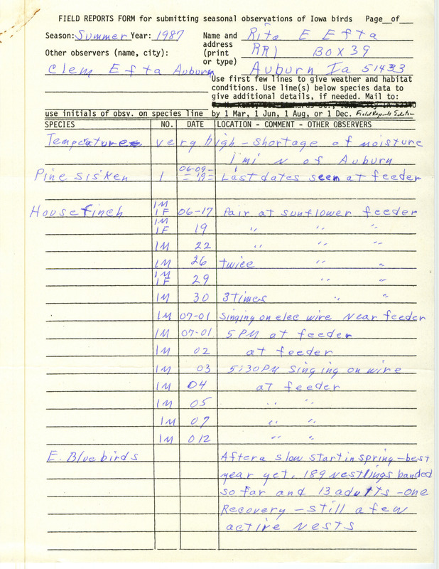 Summer report of birds found in and around Auburn contributed by Rita E. Efta. This item was used as supporting documentation for the Iowa Ornithologists' Union Quarterly field report of summer 1987.