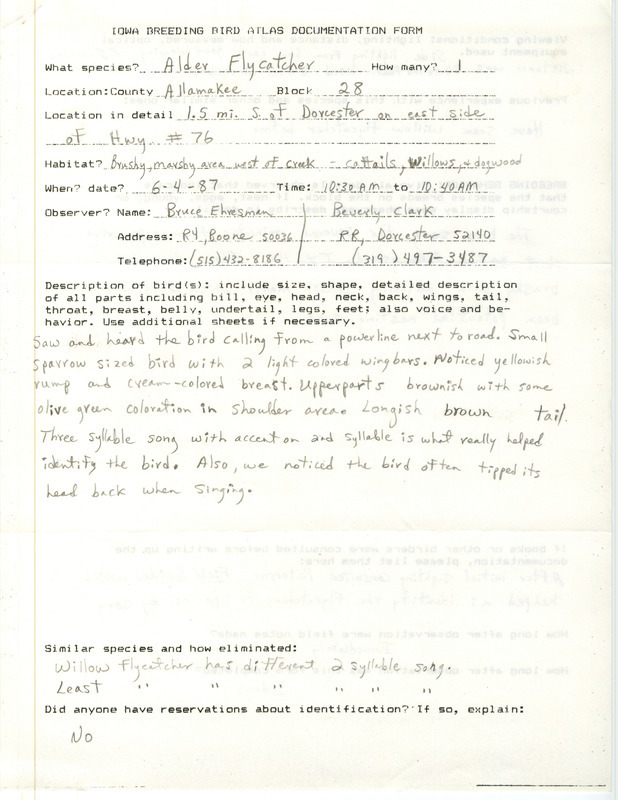 Documentation of an Alder Flycatcher sighting contributed by Bruce Ehresman and Beverly Clark, June 4, 1987. This item was used as supporting documentation for the Iowa Ornithologists' Union Quarterly field report of summer 1987.