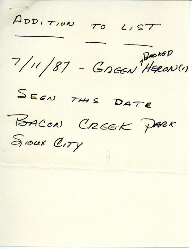 Summer report of birds found in northwest Iowa contributed by Jack Jones. This item was used as supporting documentation for the Iowa Ornithologists' Union Quarterly field report of summer 1987.