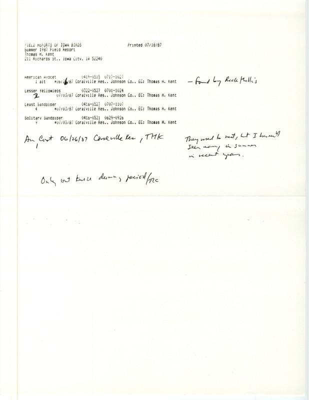 Summer report of birds found at Coralville Lake contributed by Thomas H. Kent, July 18, 1987. This item was used as supporting documentation for the Iowa Ornithologists' Union Quarterly field report of summer 1987.