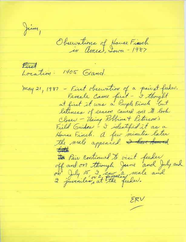 Letter from Erwin E. Klaas to James J. Dinsmore regarding a House Finch sighting. This item was used as supporting documentation for the Iowa Ornithologists' Union Quarterly field report of summer 1987.