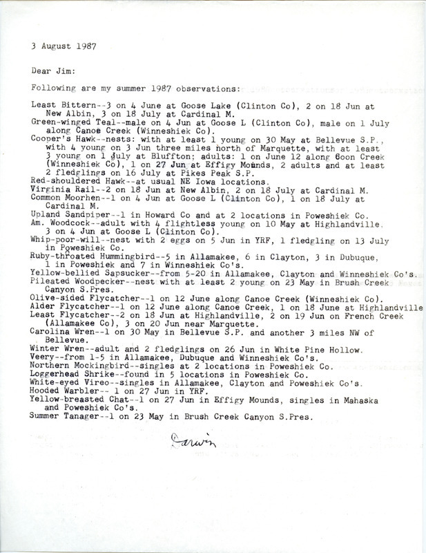 Letter from Darwin Koenig to James J. Dinsmore regarding summer bird sightings, August 3, 1987. This item was used as supporting documentation for the Iowa Ornithologists' Union Quarterly field report of summer 1987.