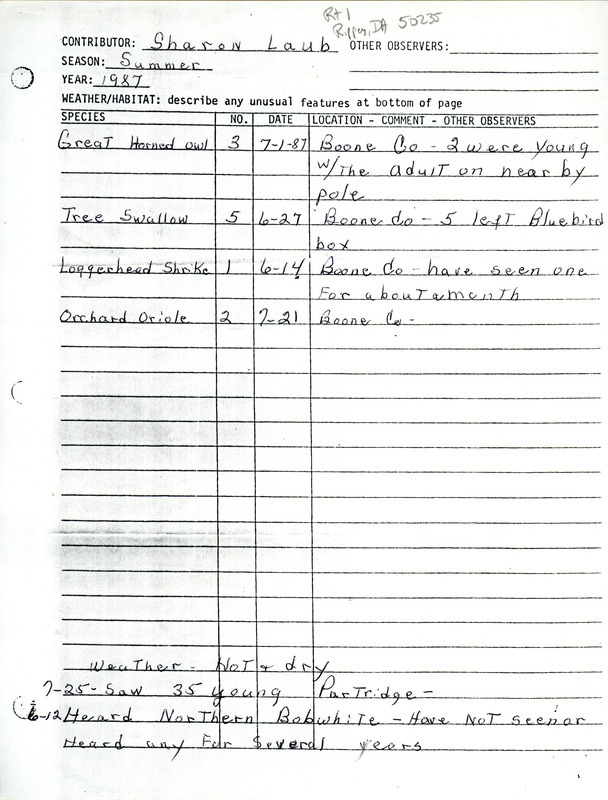 Summer report of birds found in Boone County contributed by Sharon Laub. This item was used as supporting documentation for the Iowa Ornithologists' Union Quarterly field report of summer 1987.