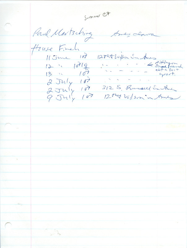 Summer report of several House Finch sightings in Ames contributed by Paul Martsching. This item was used as supporting documentation for the Iowa Ornithologists' Union Quarterly field report of summer 1987.