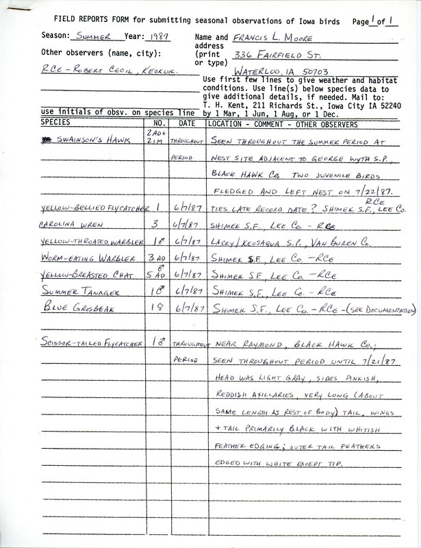 Summer report of birds contributed by Francis L. Moore. This item was used as supporting documentation for the Iowa Ornithologists' Union Quarterly field report of summer 1987.