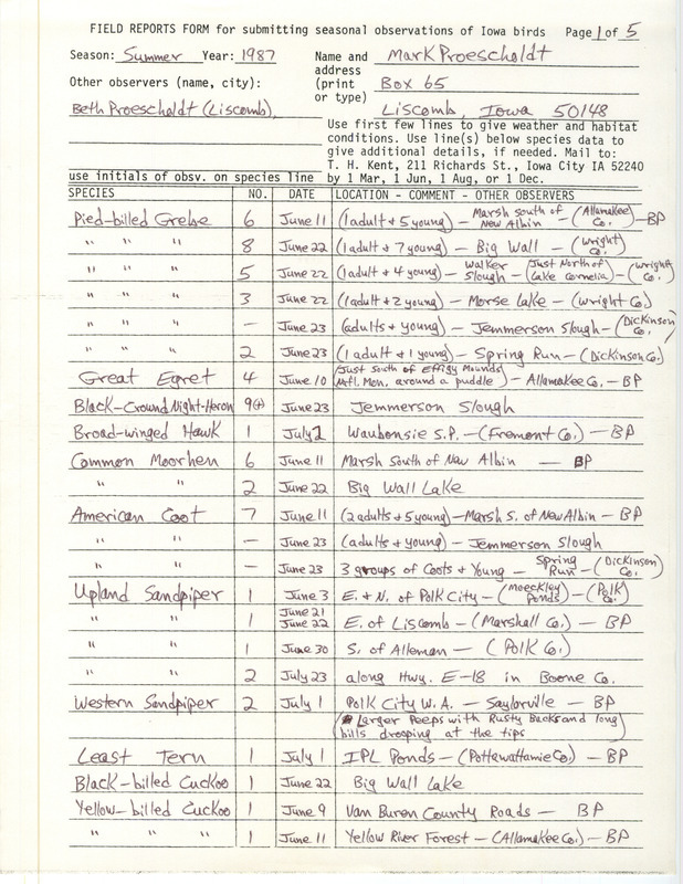 Summer report of birds and locations contributed by Mark Proescholdt. This item was used as supporting documentation for the Iowa Ornithologists' Union Quarterly field report of summer 1987.