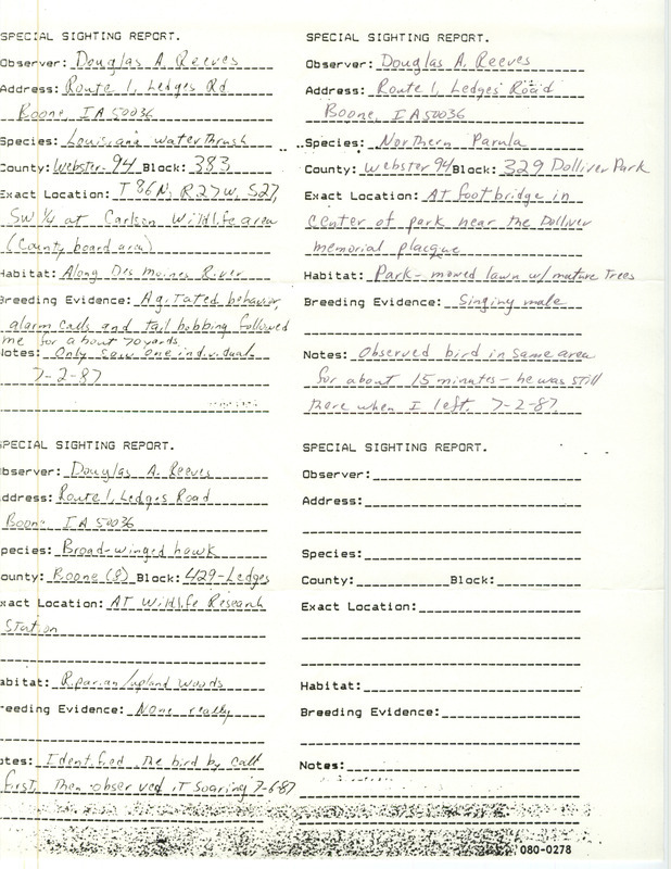 Special sighting reports of a Louisiana Waterthrush, a Northern Parula, and a Broad-winged Hawk contributed by Doug Reeves. This item was used as supporting documentation for the Iowa Ornithologists' Union Quarterly field report of summer 1987.