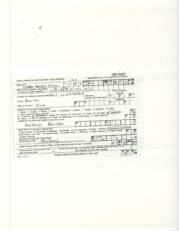 Documentation of a Green-backed Heron nest sighting with two young birds contributed by Doug Reeves. This item was used as supporting documentation for the Iowa Ornithologists' Union Quarterly field report of summer 1987.