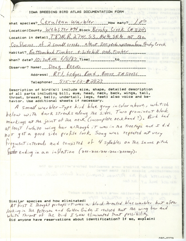 Documentation of a Cerulean Warbler sighting contributed by Doug Reeves, June 5, 1987. This item was used as supporting documentation for the Iowa Ornithologists' Union Quarterly field report of summer 1987.