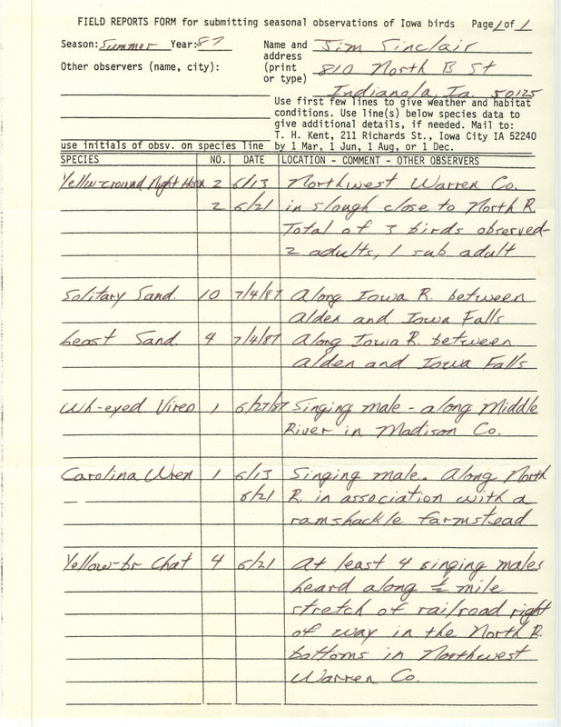 Summer report of birds and locations contributed by Jim Sinclair. This item was used as supporting documentation for the Iowa Ornithologists' Union Quarterly field report of summer 1987.