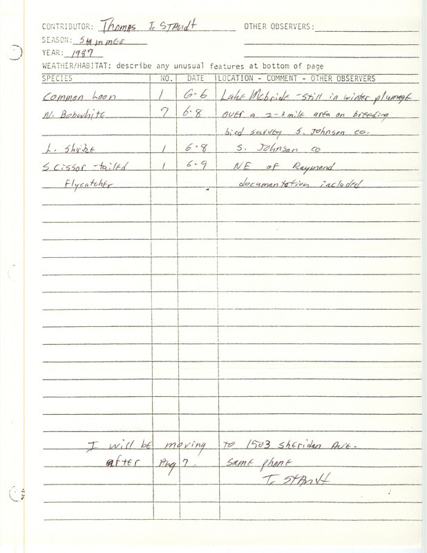 Summer report of birds and locations contributed by Thomas J. Staudt. This item was used as supporting documentation for the Iowa Ornithologists' Union Quarterly field report of summer 1987.