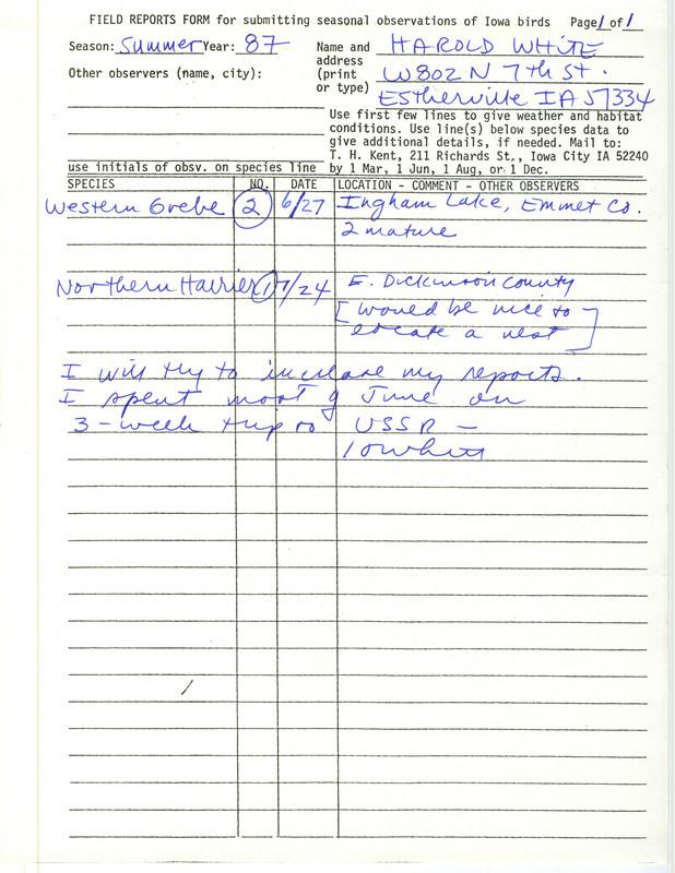 Summer report of birds found in northwest Iowa contributed by Harold W. White. This item was used as supporting documentation for the Iowa Ornithologists' Union Quarterly field report of summer 1987.