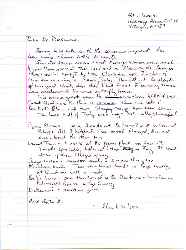 Letter from Barbara L. Wilson to James J. Dinsmore regarding summer bird sightings in western Iowa, August 4, 1987. This item was used as supporting documentation for the Iowa Ornithologists' Union Quarterly field report of summer 1987.