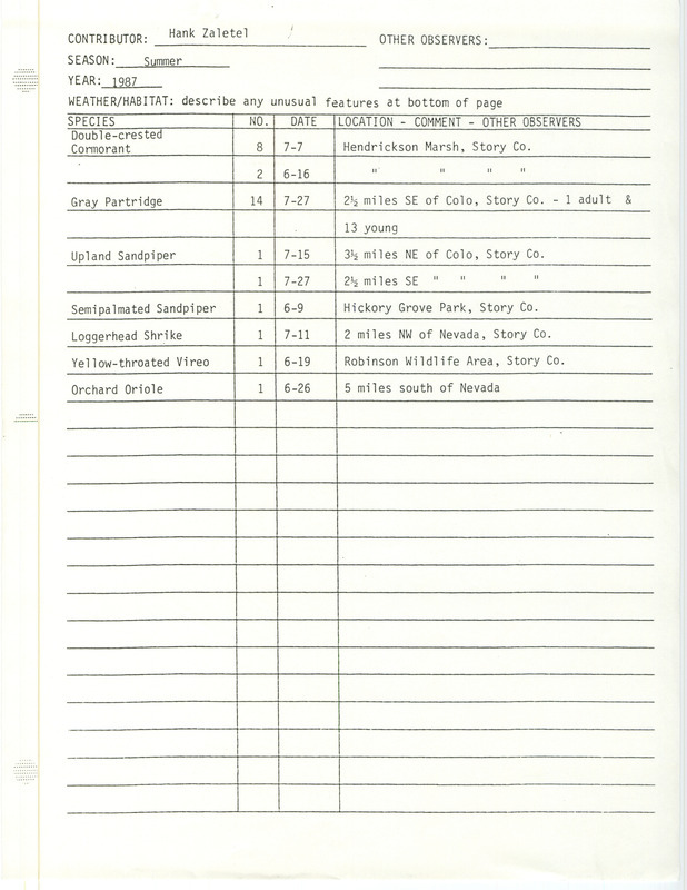 Summer report of birds found in Story County contributed by Hank Zaletel. This item was used as supporting documentation for the Iowa Ornithologists' Union Quarterly field report of summer 1987.