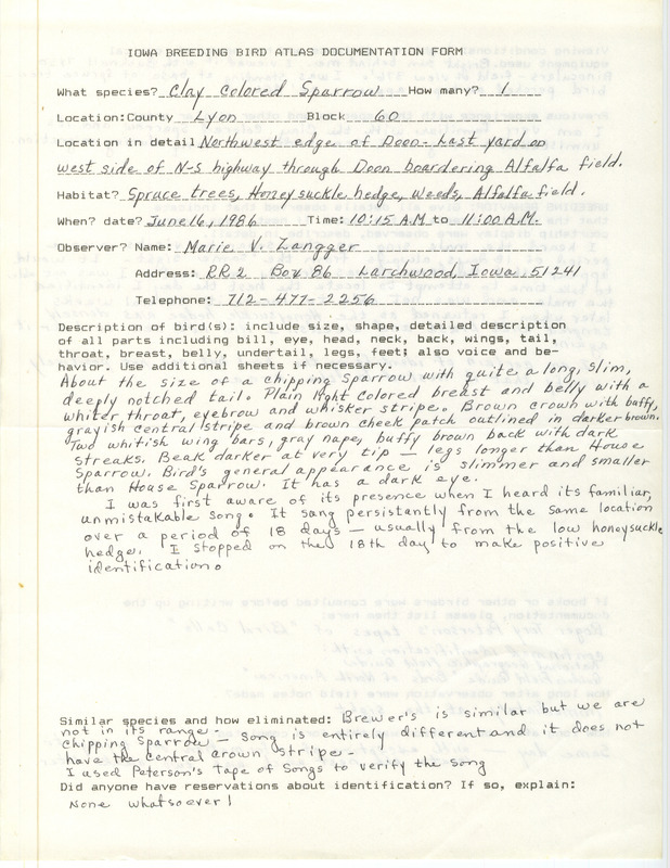 Documentation of a Clay-colored Sparrow sighting contributed by Dolly Zangger, June 16, 1986. This item was part of a group of documents submitted by Doug Reeves for the Iowa Ornithologists' Union Quarterly field report of summer 1987.