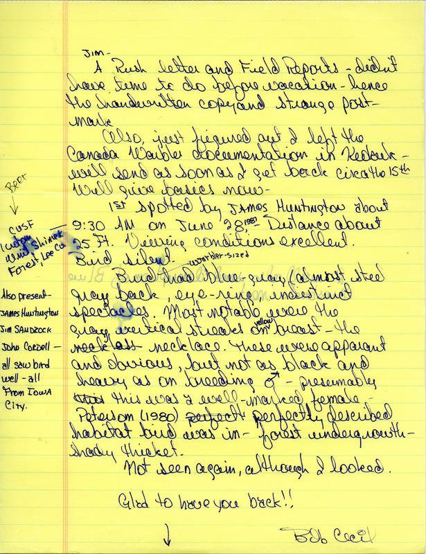 Letter from Robert I. Cecil to James J. Dinsmore regarding the sighting of a Canada Warbler. This item was used as supporting documentation for the Iowa Ornithologists' Union Quarterly field report of summer 1987.