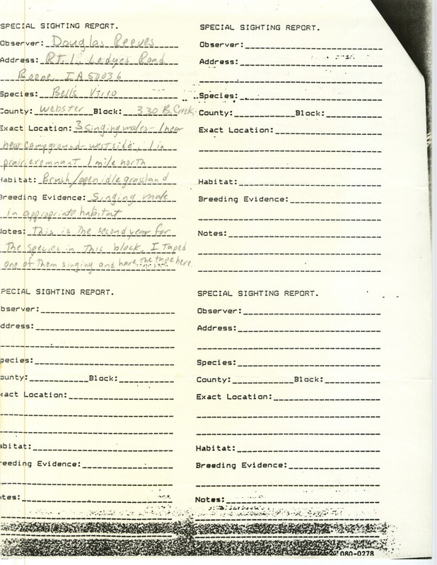 Special sighting report of Bell's Vireo contributed by Doug Reeves. This item was used as supporting documentation for the Iowa Ornithologists' Union Quarterly field report of summer 1987.