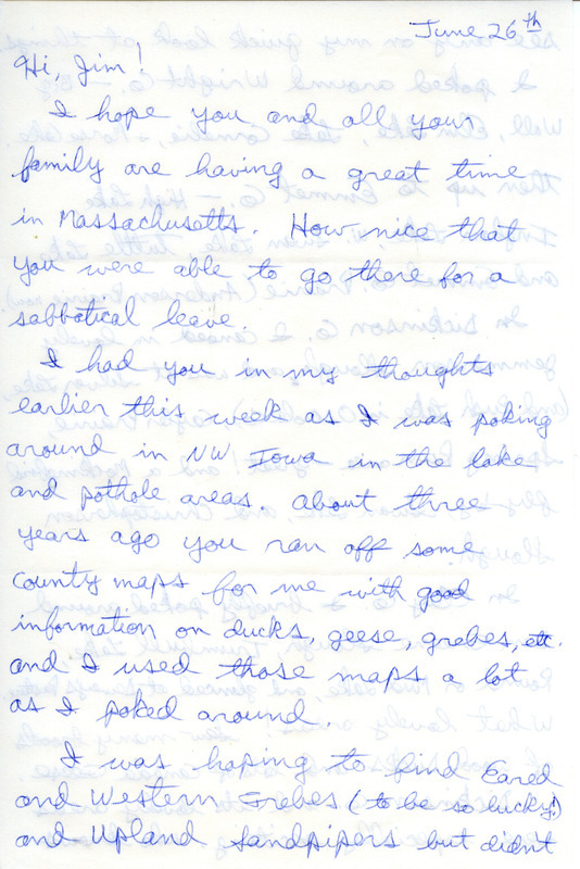 Letter from Mark Proescholdt to James J. Dinsmore regarding a trip to northwest Iowa and bird sightings, June 26, 1987. This item was used as supporting documentation for the Iowa Ornithologists' Union Quarterly field report of summer 1987.