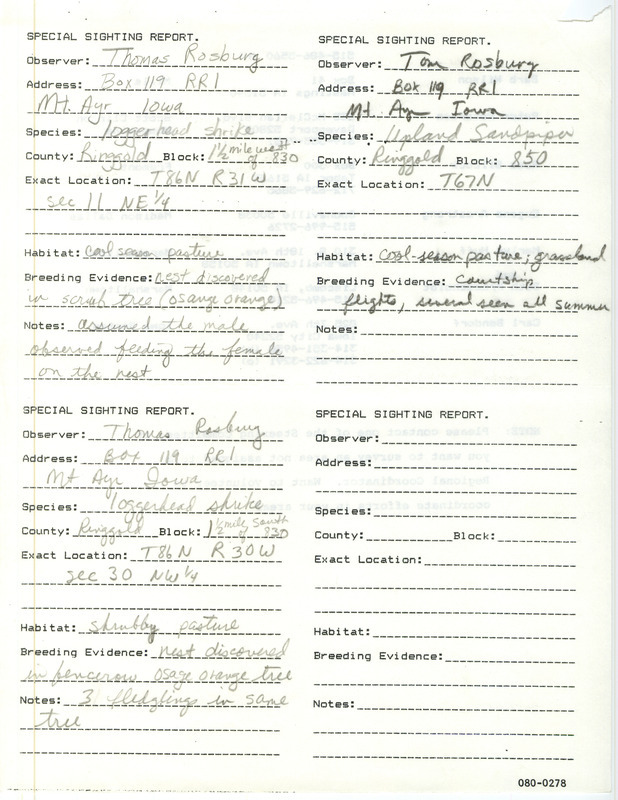 Special sighting reports of a Loggerhead Shrike and an Upland Sandpiper contributed by Thomas Rosburg. This item was used as supporting documentation for the Iowa Ornithologists' Union Quarterly field report of summer 1987.