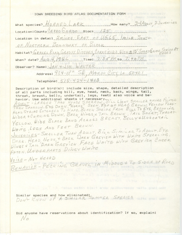 Documentation of a Horned Lark sighting contributed by Jan L. Walter and Jim B. Walter, August 4, 1986. This item was part of a group of documents submitted by Doug Reeves for the Iowa Ornithologists' Union Quarterly field report of summer 1987.