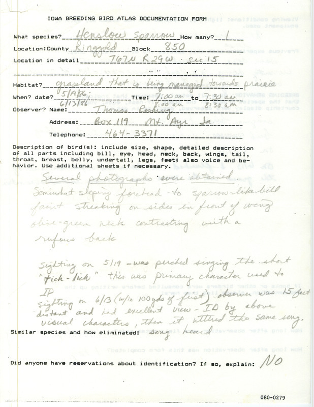 Documentation of a Henslow's Sparrow sighting contributed by Thomas Rosburg, May 19, 1986, and June 13, 1986. This item was part of a group of documents submitted by Doug Reeves for the Iowa Ornithologists' Union Quarterly field report of summer 1987.