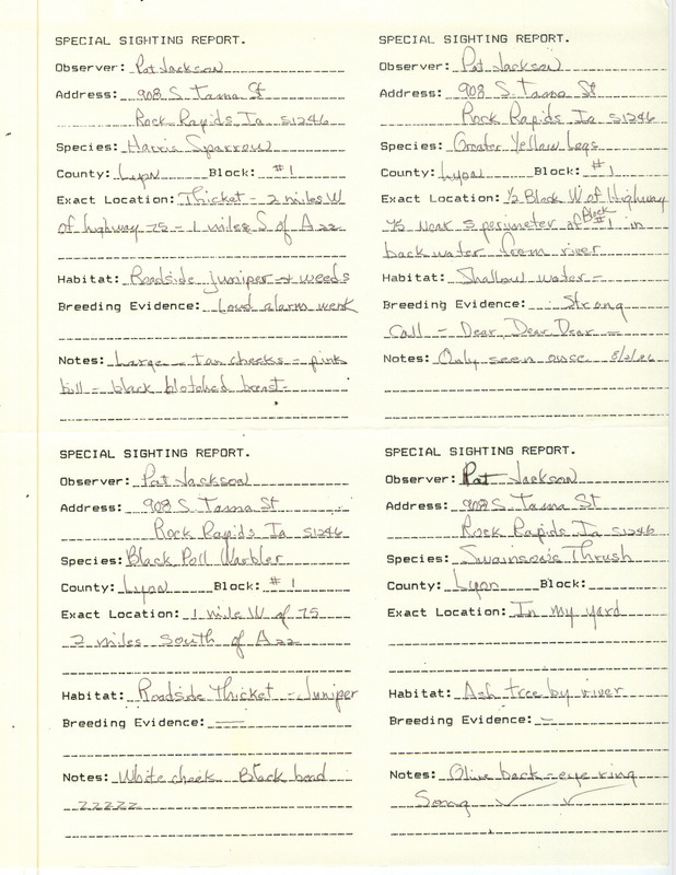 Special sighting reports and a documentation of a Least Flycatcher sighting contributed by Patricia A. Jackson, August 20, 1986. This item was part of a group of documents submitted by Doug Reeves for the Iowa Ornithologists' Union Quarterly field report of summer 1987.