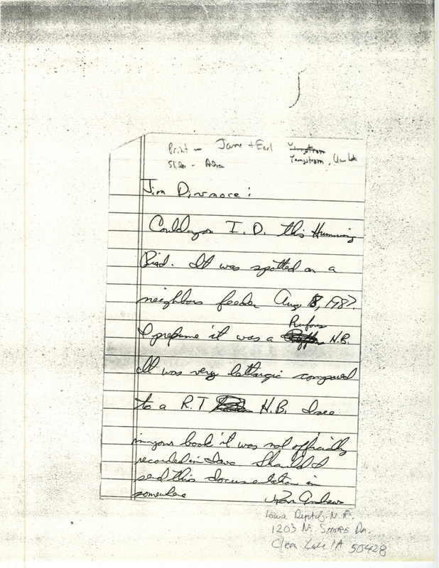 Letter from Ron Andrews to James J. Dinsmore regarding the identification of a Rufous Hummingbird. This item was used as supporting documentation for the Iowa Ornithologists' Union Quarterly field report of fall 1987.