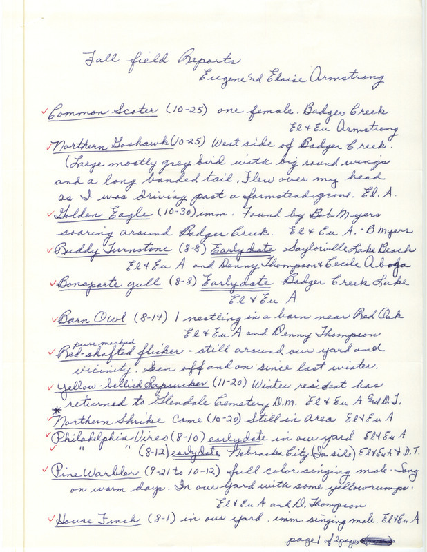 Fall report of birds contributed by Eugene Armstrong and Eloise Armstrong. This item was used as supporting documentation for the Iowa Ornithologists' Union Quarterly field report of fall 1987.