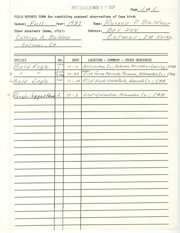 Fall report of birds contributed by Russell P. Baldner. This item was used as supporting documentation for the Iowa Ornithologists' Union Quarterly field report of fall 1987.