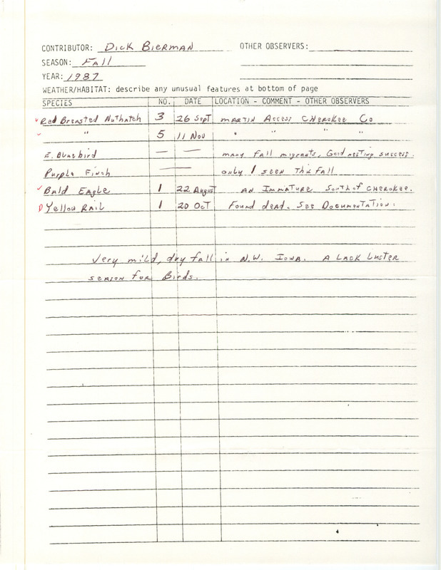 Fall report of birds found in and around Cherokee County contributed by Dick Bierman. This item was used as supporting documentation for the Iowa Ornithologists' Union Quarterly field report of fall 1987.