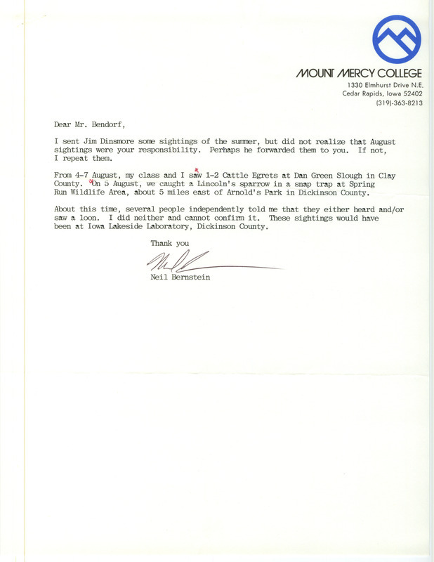 Letter from Neil Bernstein to Carl J. Bendorf regarding August bird sightings, fall 1987. This item was used as supporting documentation for the Iowa Ornithologists' Union Quarterly field report of fall 1987.