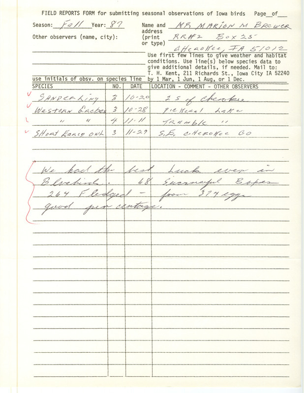 Fall report of birds contributed by Marion M. Brewer. This item was used as supporting documentation for the Iowa Ornithologists' Union Quarterly field report of fall 1987.