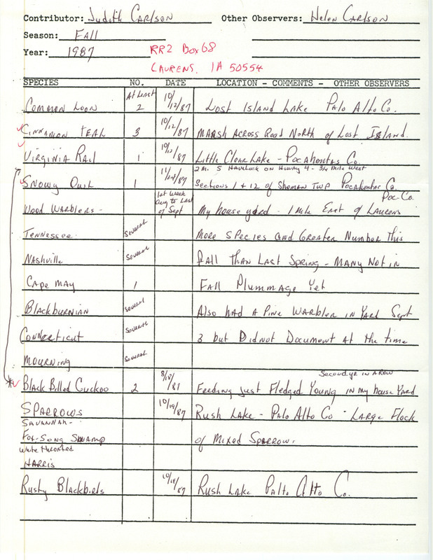 Fall report of birds contributed by Judith Carlson. This item was used as supporting documentation for the Iowa Ornithologists' Union Quarterly field report of fall 1987.