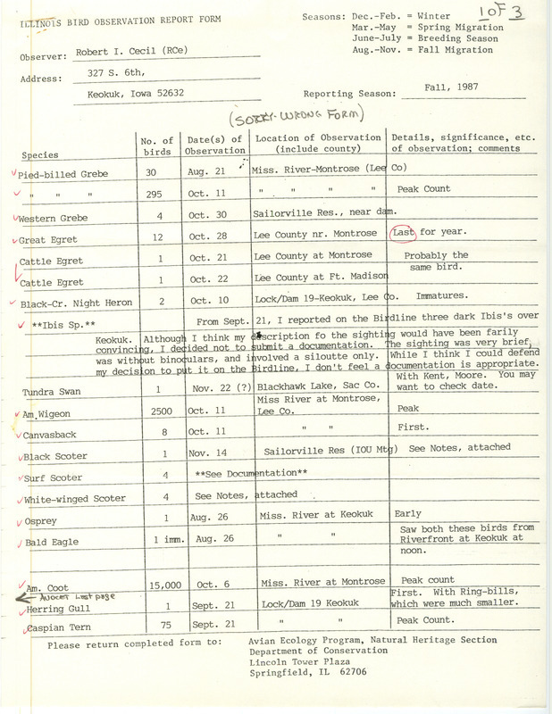 Fall report of birds and locations contributed by Robert I. Cecil. Also includes detailed descriptions about sightings of a White-winged Scoter, a Black Scoter, and a Barn Swallow. This item was used as supporting documentation for the Iowa Ornithologists' Union Quarterly field report of fall 1987.