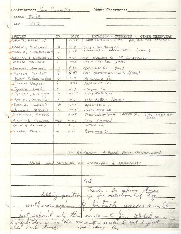 Fall report of birds and locations contributed by Raymond L. Cummins. Also includes a brief note from Cummins to Carl J. Bendorf regarding the election of officers. This item was used as supporting documentation for the Iowa Ornithologists' Union Quarterly field report of 1987.