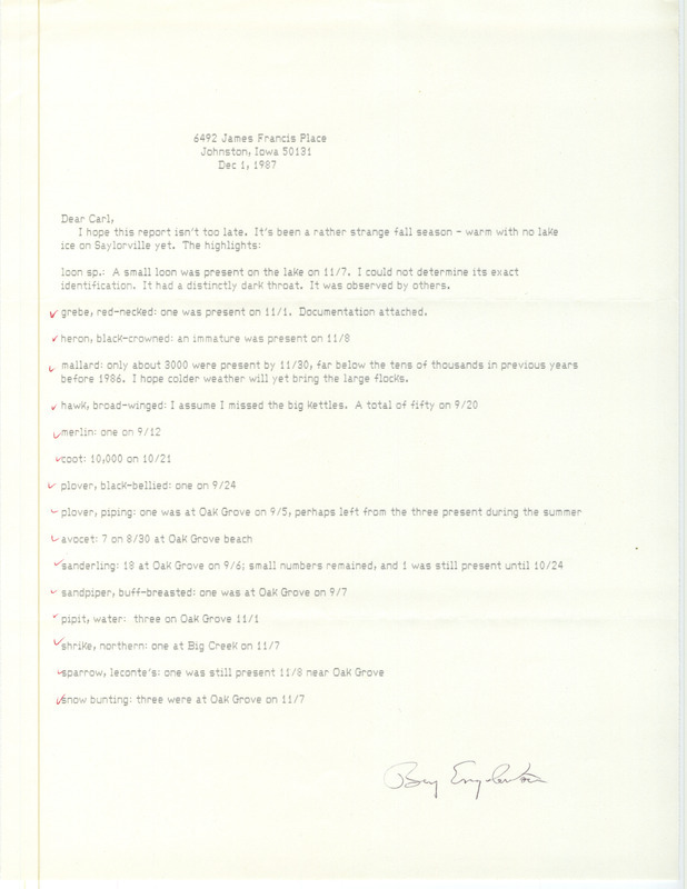 Letter from Bery Engebretsen to Carl J. Bendorf regarding fall bird sightings, December 1, 1987. This item was used as supporting documentation for the Iowa Ornithologists' Union Quarterly field report of fall 1987.