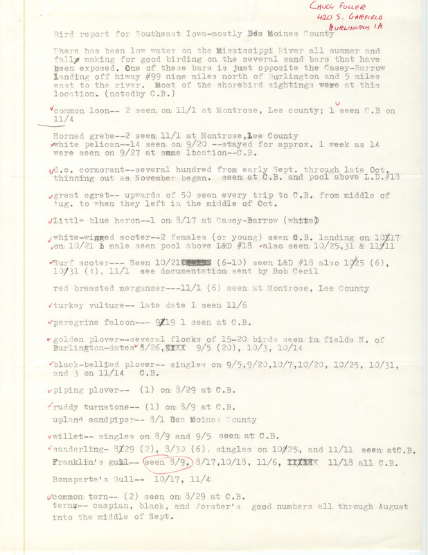 Fall report of birds found in southeast Iowa contributed by Charles Fuller. This item was used as supporting documentation for the Iowa Ornithologists' Union Quarterly field report of fall 1987.