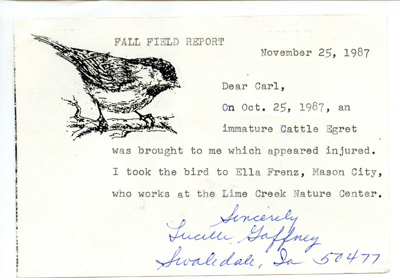 Letter from Lucille M. Gaffney to Carl J. Bendorf regarding an injured Cattle Egret, November 25, 1987. This item was used as supporting documentation for the Iowa Ornithologists' Union Quarterly field report of fall 1987.