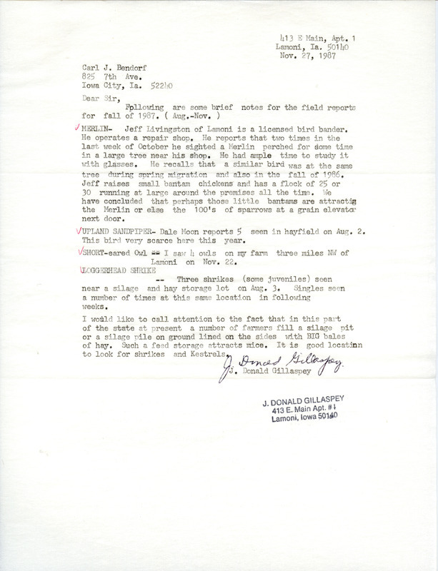 Letter from J. Donald Gillaspey to Carl J. Bendorf regarding fall bird sightings, November 27, 1987. This item was used as supporting documentation for the Iowa Ornithologists' Union Quarterly field report of fall 1987.