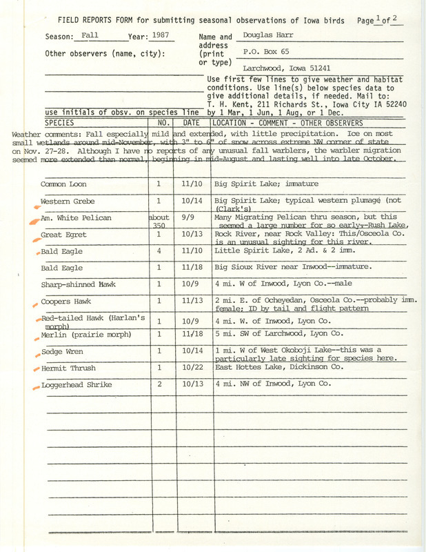 Fall report of birds found in northwest Iowa contributed by Douglas C. Harr. This item was used as supporting documentation for the Iowa Ornithologists' Union Quarterly field report of fall 1987.