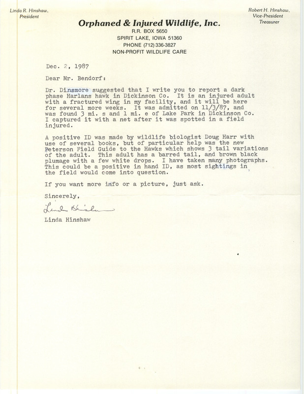 Letter from Linda Hinshaw letter to Carl J. Bendorf regarding an injured Red-tailed Hawk (Harlan's Hawk), December 2, 1987. This item was used as supporting documentation for the Iowa Ornithologists' Union Quarterly field report of fall 1987.